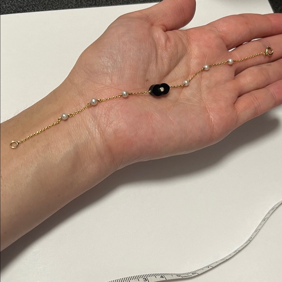 14K Gold + Black Onyx w/ double-sided Diamonds on stationed Pearl chain bracelet - Picture 12 of 14